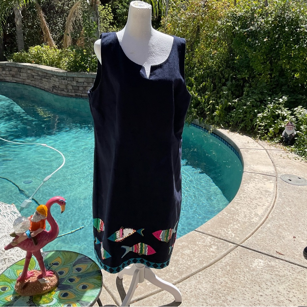 Talbots sequin Fish 🐟 embroidered embellished navy sheath Dress size 16 ⭐️
